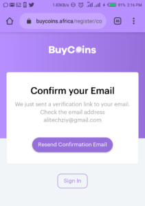 buycoins Africa email confirmation