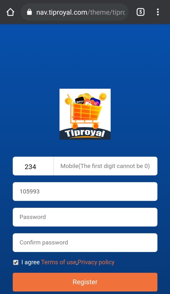 Tiproyal login and registration page
