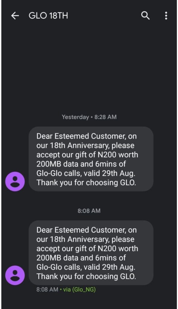 Glo 18th anniversary free data and airtime